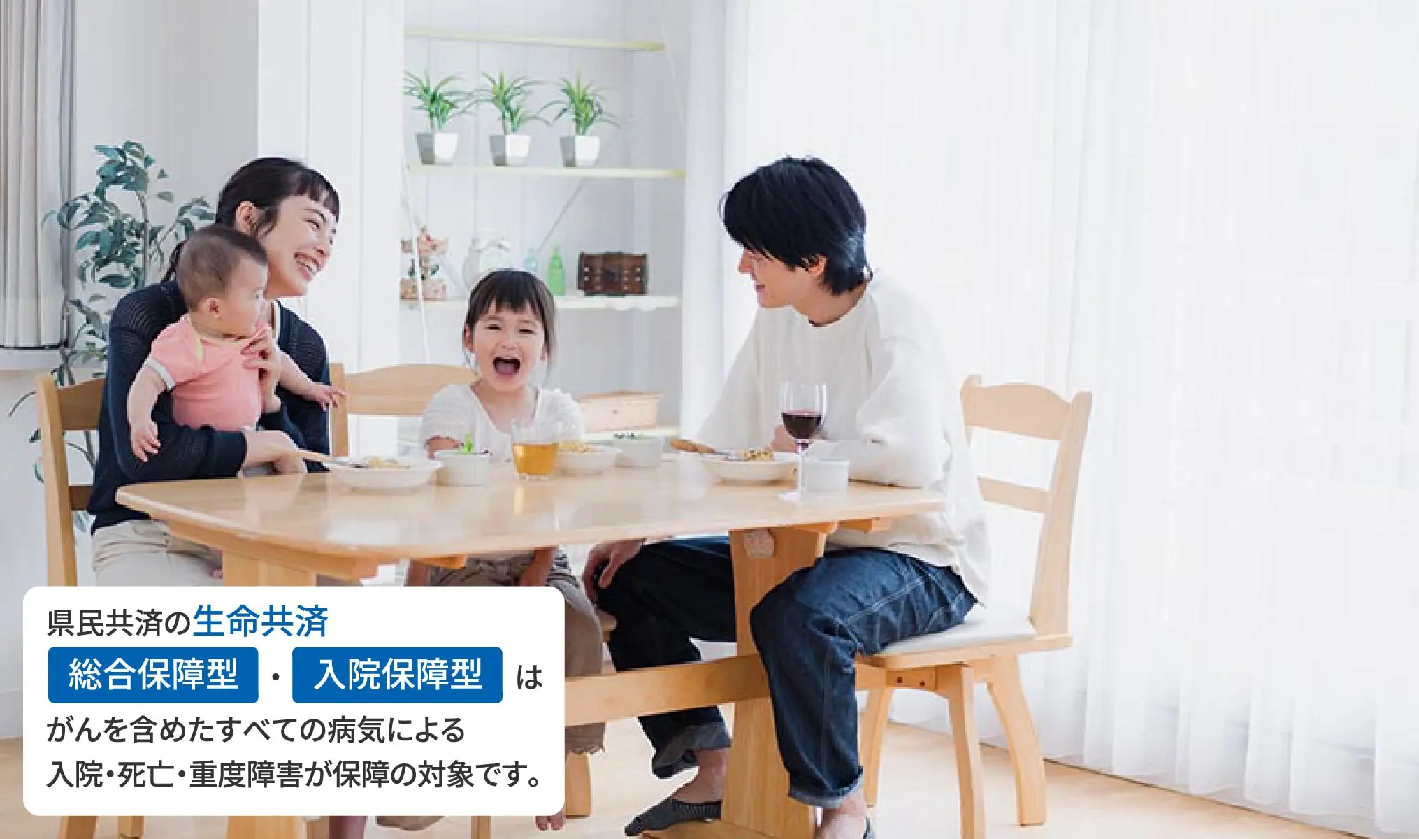 県民共済の生命共済「総合保障型」・「入院保障型」はがんを含めたすべての病気による入院・死亡・重度障害が保障の対象です。